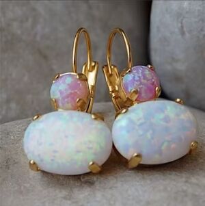 Delicate Gold Tone Round White/pink Stone Earrings